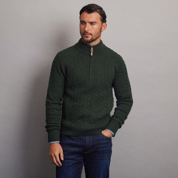 Men's Half Zip Wool Cable Pattern Sweater - Army Green