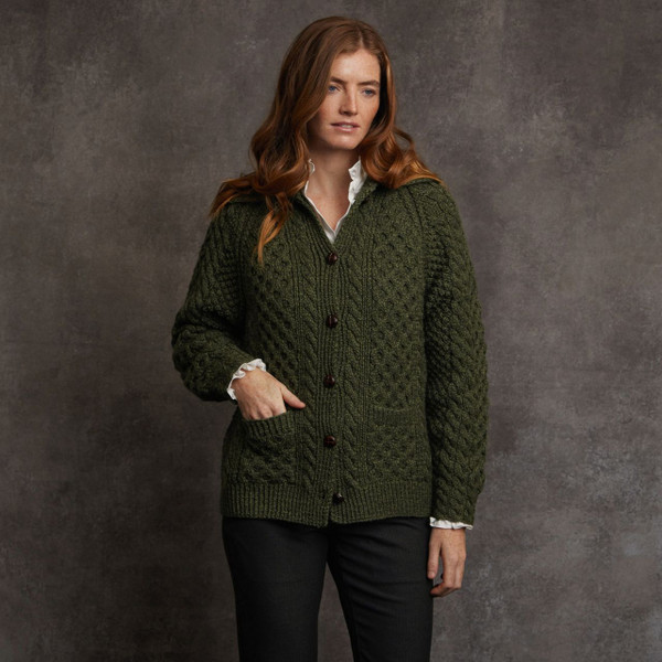 Women's Handknit Aran Pocket Cardigan - Moss Green