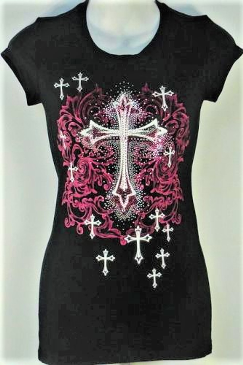 Ladies Cross T-Shirt With Pink Outburst Black - Shield of Faith Gifts