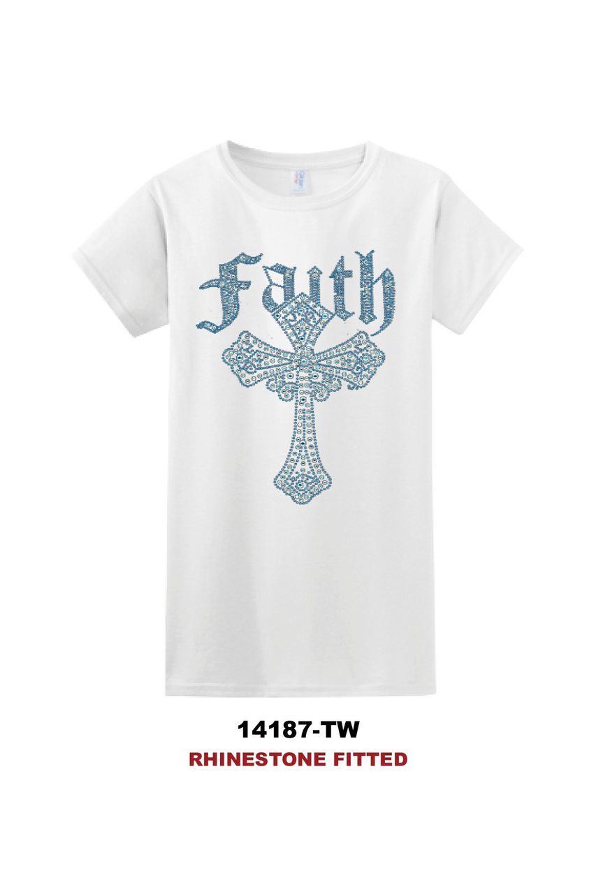 Ladies Faith T-Shirt White (Rhinestones) - Shield of Faith Gifts