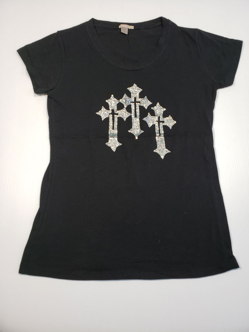 Ladies Rhinestone Three Cross T- Shirt Black (Rhinestones) - Shield of ...