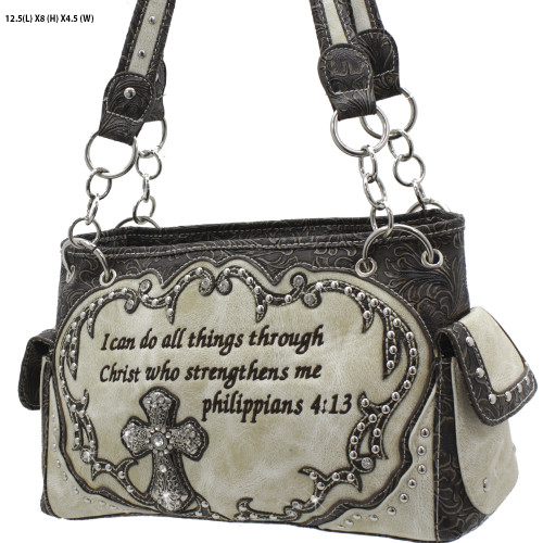 I Can Do All Things Through Christ Handbag Bone With Silver Cross