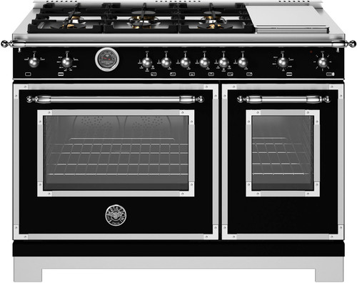 Bertazzoni - 48" Heritage Series range - Gas Oven - 6 brass burners + griddle - Black