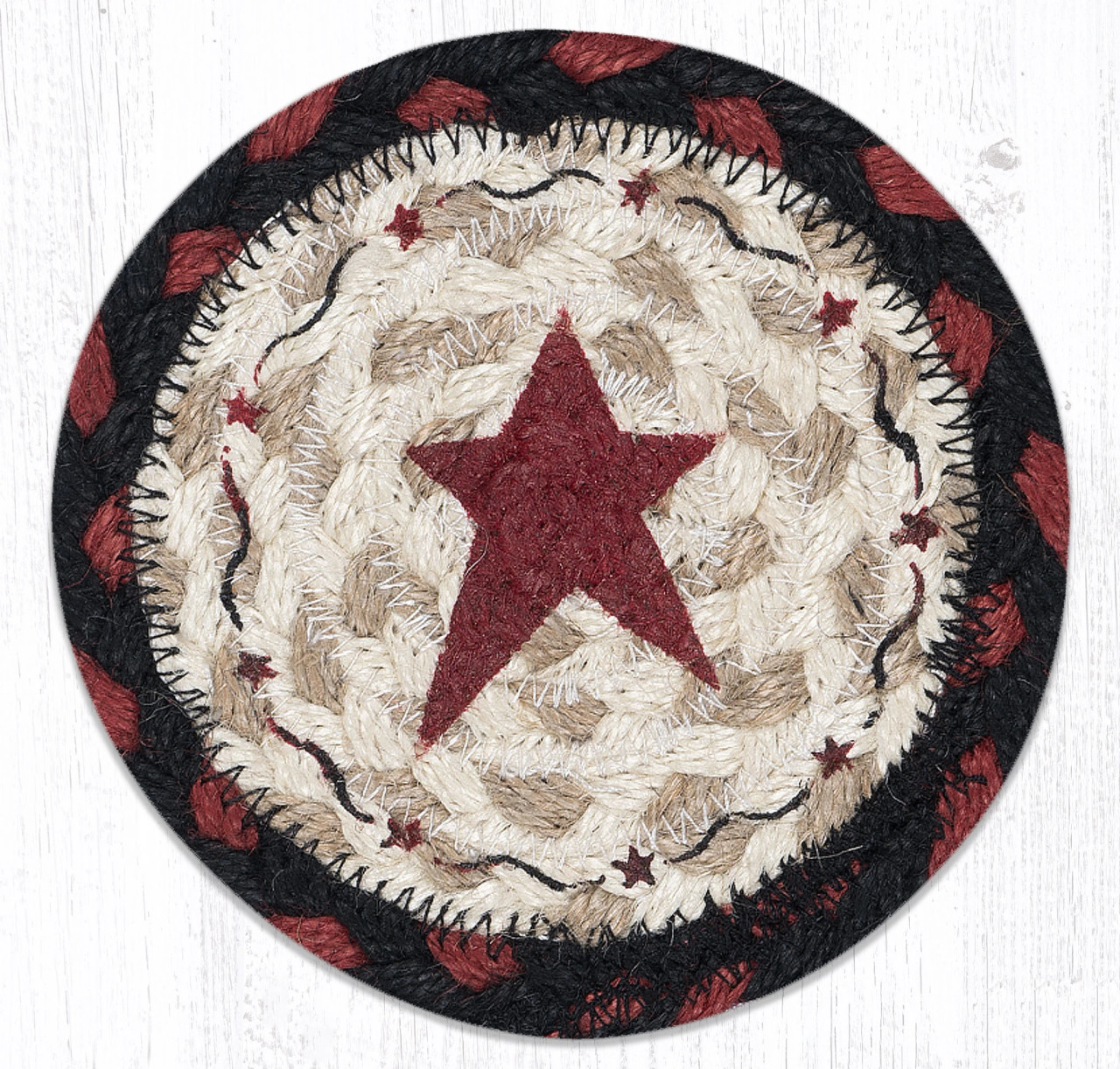 100% Jute Coasters - Primitive Burgundy Star Braided Coaster - Earth Rugs