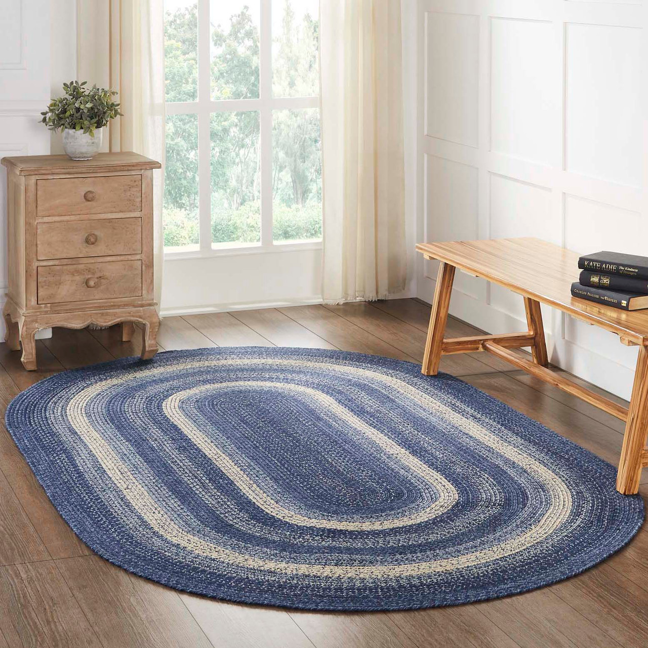 VHC Brands Braided Area Rug - Great Falls Blue Jute Rug Oval w/ Pad 60x96