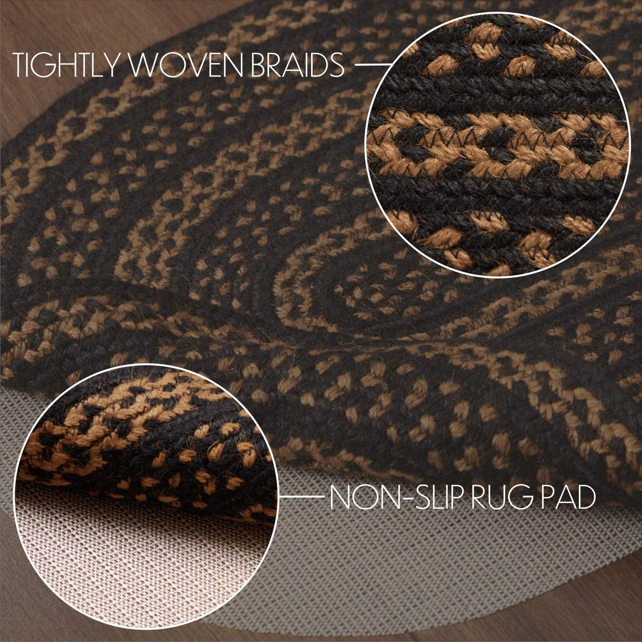 VHC Brands Braided Rug - Black & Tan Jute Rug Rect w/ Pad 20x30