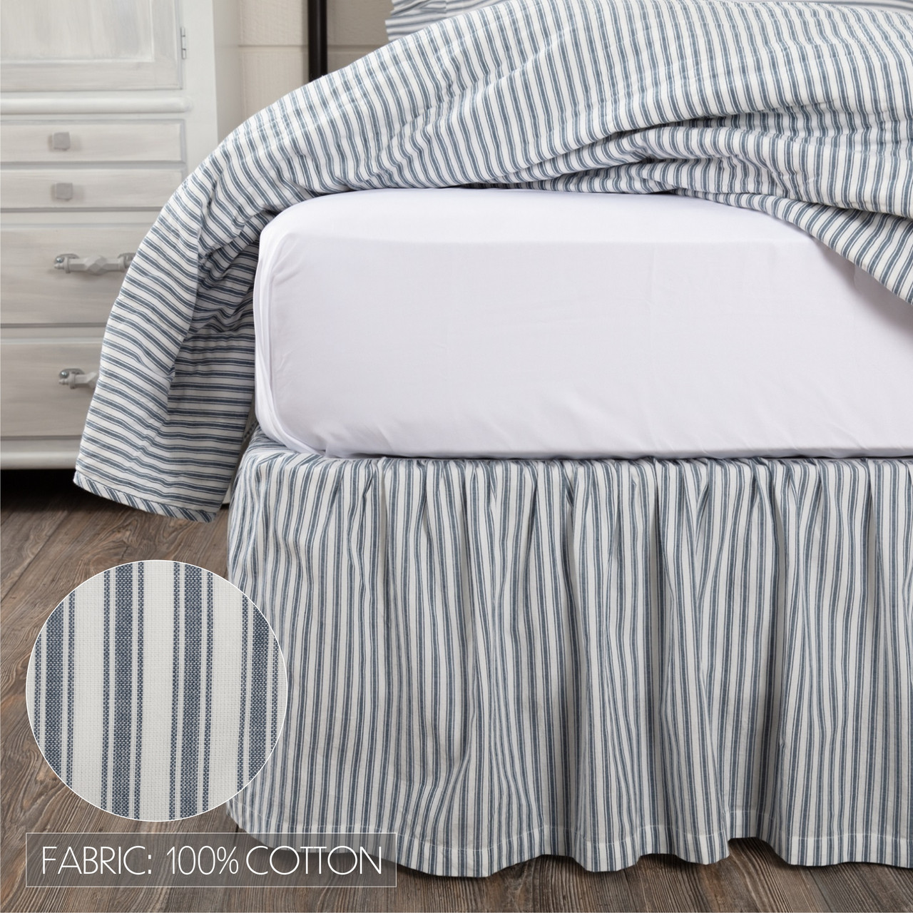 VHC Brands - Sawyer Mill Blue Ticking Stripe Twin Bed Skirt 39x76x16