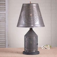 Irvin's Fireside Lamp With Chisel Design Finished In Blackened Tin, Shown With Optional 14" Fireside Chisel Design Shade Finished In Blackened Tin Irvin's Fireside Lamp With Chisel Design Finished In Blackened Tin, Shown With Optional 14" Fireside Chisel Design Shade Finished In Blackened Tin