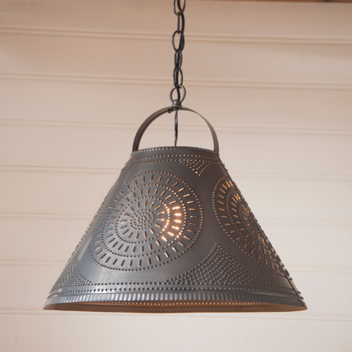 Irvin's Tinware Punched Tin Homestead Shade Light Pendant  With Chisel Design Finished In Kettle Black