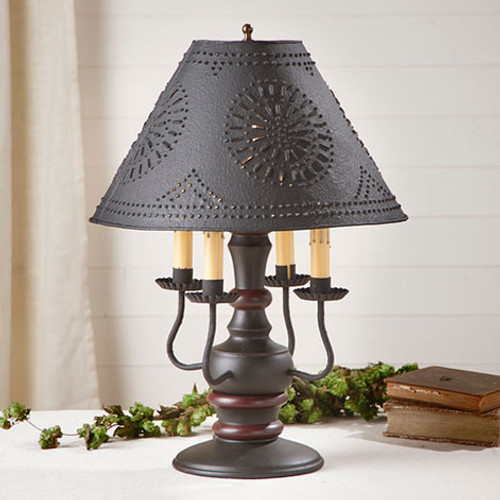 Irvin's Cedar Creek Lamp In Sturbridge Black With Red, Shown With Optional Chisel Design Textured Black 15" Shade