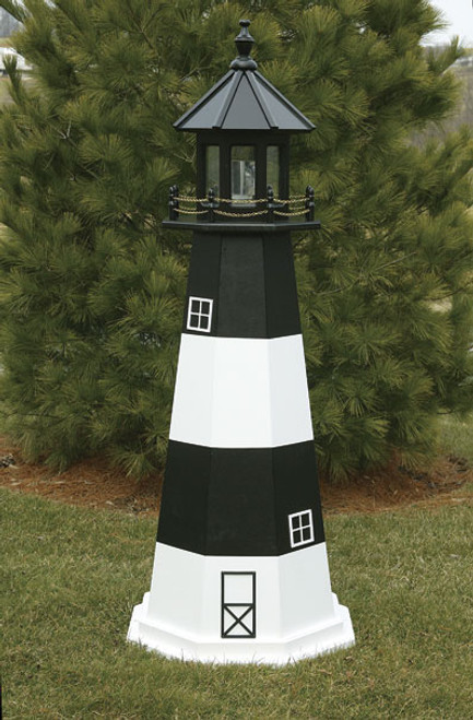 Amish Made Wooden Garden Lighthouse - Fire Island - Shown As: 5 Foot, Standard Electrical Lighting, Roof & Tower Primary Color Black, Tower Accent/Trim Color White. Optional Base Primary Color None, Optional Base Trim Color None, No Base/Tower Interior Lighting