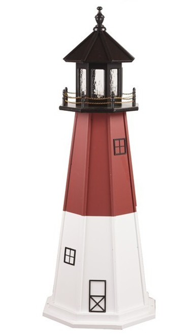 Amish Made Wood Garden Lighthouse - Barnegat - Shown As: 5 Foot, Standard Electric Lighting, Roof/Top Color Black, Upper Tower Color Cherrywood, Lower Tower Color White, Optional Base Primary Color None, Optional Base Trim Color None, No Base/Tower Interior Lighting