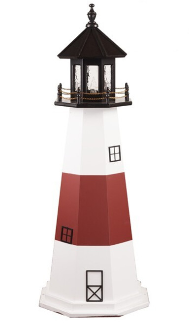 Amish Made Wood Garden Lighthouse - Montauk - Shown As: 5 Foot, Standard Electric Lighting, Roof/Top Color Black, Tower Upper & Lower Stripe Color White, Tower Middle Stripe Color Cherrywood, Optional Base Primary Color None, Optional Base Trim Color None, No Base/Tower Interior Lighting