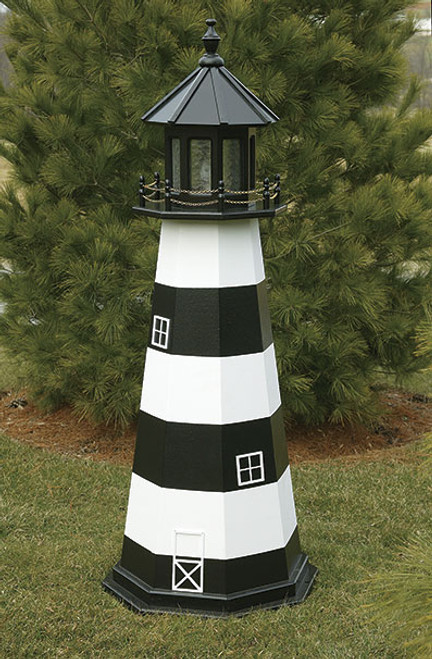Amish Made Wooden Garden Lighthouse - Cape Canaveral - Shown As: 5 Foot, Standard Electrical Lighting, Roof & Tower Primary Color Black, Tower Accent/Trim Color White. Optional Base Primary Color None, Optional Base Trim Color None, No Base/Tower Interior Lighting
