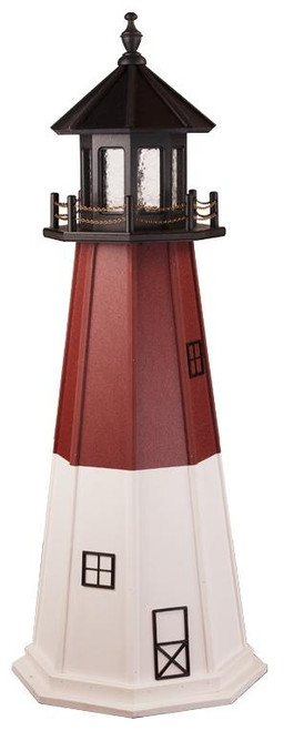 Amish Made Poly Outdoor Lighthouse - Barnegat - Shown As: 5 Foot, Standard Electric Lighting, Roof/Top Color Black, Upper Tower Color Cherrywood, Lower Tower Color White, Optional Base Primary Color None, Optional Base Trim Color None, No Base/Tower Interior Lighting