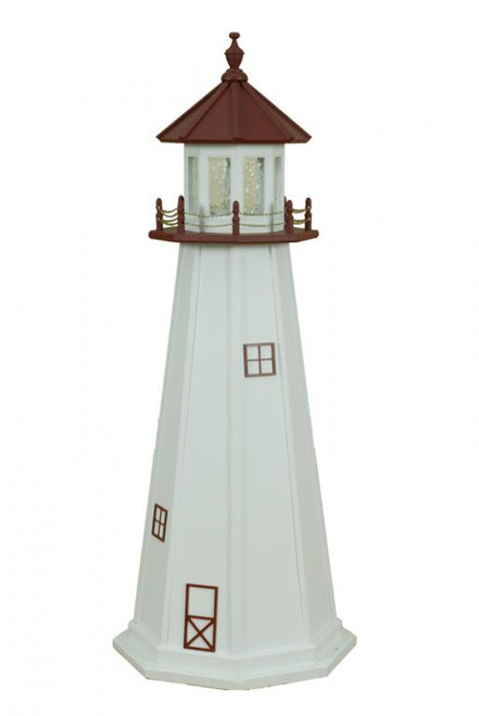 Amish Made Poly Outdoor Lighthouse - Marblehead - Shown As: 5 Foot, Standard Electric Lighting, Roof & Deck Color: Cherrywood, Tower Color: White, Optional Base Primary Color None, Optional Base Trim Color None, No Base/Tower Interior Lighting