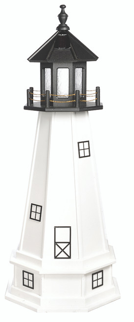 Amish Made Poly Outdoor Lighthouse - Cape Cod - Shown As: 4 Foot With Base, Standard Electric Lighting, Roof/Top Color Black, Tower Color White, Optional Base Primary Color White, Optional Base Trim Color White, No Base/Tower Interior Lighting