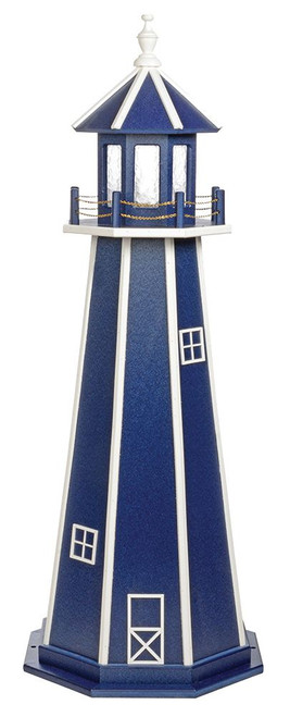 Amish Made Poly Garden Lighthouse - Standard - Shown As: 5 Foot, Standard Electrical Lighting, Roof & Tower Primary Color: Patriot Blue, Tower Accent/Trim Color White. Optional Base Primary Color None, Optional Base Trim Color None, No Base/Tower Interior Lighting