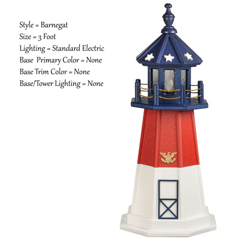 Amish Made Poly Outdoor Lighthouse - Patriotic - Shown As: Patriotic Barnegat, 2 Foot, Standard Electric Lighting, Optional Base Primary Color None, Optional Base Trim Color None, No Base/Tower Interior Lighting