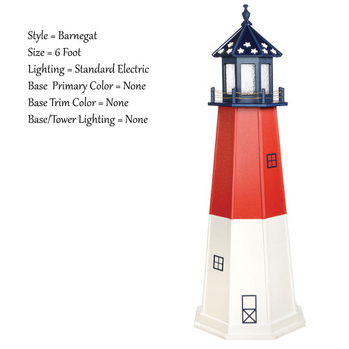 Amish Made Poly Outdoor Lighthouse - Patriotic - Shown As: Patriotic Barnegat, 6 Foot, Standard Electric Lighting, Optional Base Primary Color None, Optional Base Trim Color None, No Base/Tower Interior Lighting