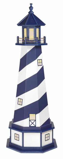 Amish Made Wood-Poly Hybrid Lighthouse - Cape Hatteras - Shown As: 5 Foot, Standard Electric Lighting, Poly Roof/Top Color: Patriot Blue, Wood Tower Primary Color: Patriot Blue, Wood Tower Accent Color: White, Poly Base Primary Color: White, Poly Base Trim Color: Patriot Blue, Electric Base/Tower Interior Lighting