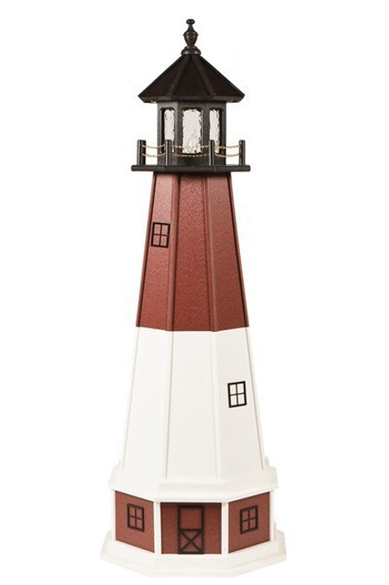 Amish Made Wood-Poly Hybrid Lighthouse - Barnegat - Shown As: 5 Foot, Standard Electric Lighting, Poly Roof/Top Color: Black, Wood Tower Primary Color: White, Wood Tower Accent Color: Cherrywood, Poly Base Primary Color: Cherrywood, Poly Base Trim Color: White, No Base/Tower Interior Lighting