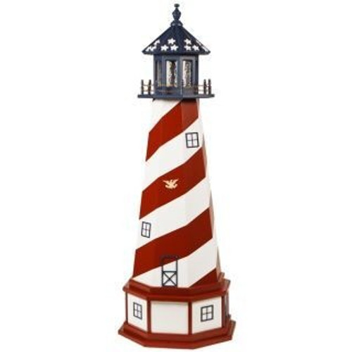 Amish Made Wood-Poly Hybrid Lighthouse - Patriotic Cape Hatteras Style - Shown As: 5 Foot, Standard Electric Lighting, Poly Base Priamry Color: White, Poly Base Trim Color: Cardinal Red, No Base/Tower Interior Lighting
