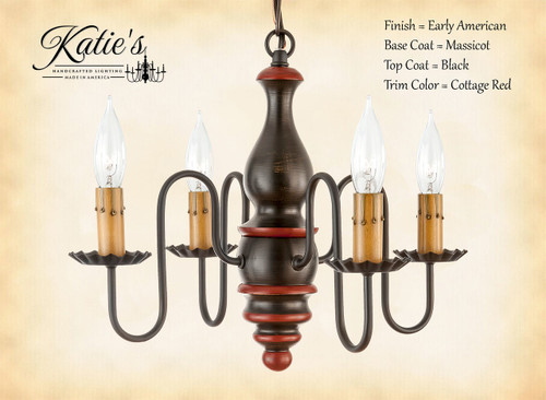 Katie's Handcrafted Lighting Abigail Wood Chandelier Pictured In: Finish = Early American, Base Coat Color = Massicot, Top Coat Color = Black, Trim Color = Cottage Red
