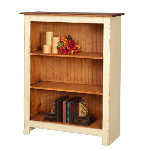 Amish Handcrafted 4 Foot Bookcase by Vintage Creations By Sam - Finished In Distressed 2-Tone Finish, Cream White With Heritage Stain