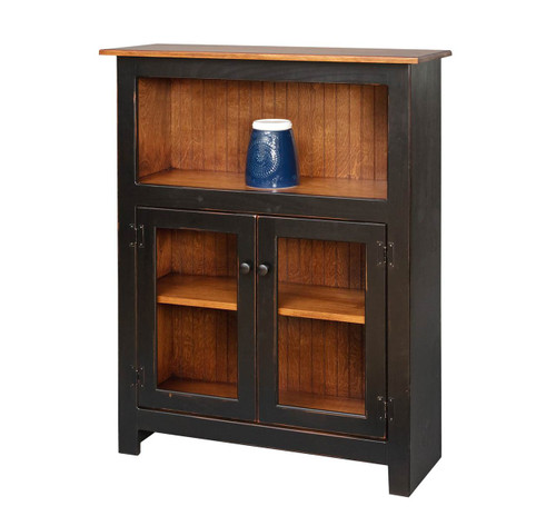 Amish Handcrafted 4 Foot Bookcase With Bottom Doors by Vintage Creations By Sam - Finished In Distressed 2-Tone Finish, Black With Heritage Stain