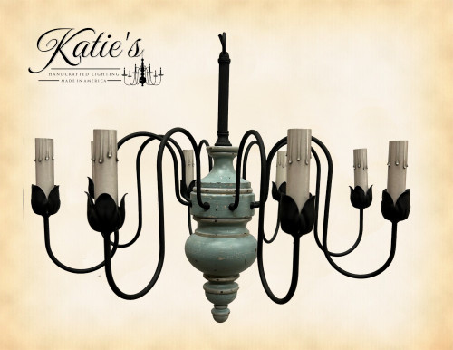 Katie's Chesapeake Primitive Wooden Chandelier - Blue with Gray Trim and Candle Cups