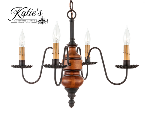 Katie's Handcrafted Lighting Frederick Mini Wood Chandelier Pictured In Early American Finish: Base Coat Color = Michael's Cherry, Top Coat Color = None, Trim Color = Black