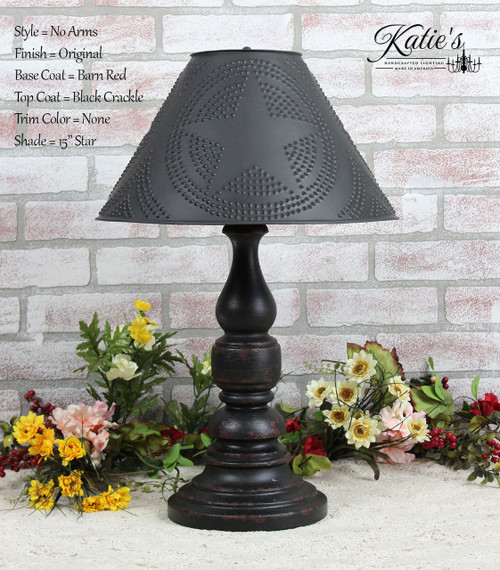 Katie's Handcrafted Lighting No Arm Liberty Lamp Pictured In: Base Coat Color = Barn Red, Top Coat Color = Black Crackle, Trim Color = None, Pictured With 15" Star Shade In Aged Black