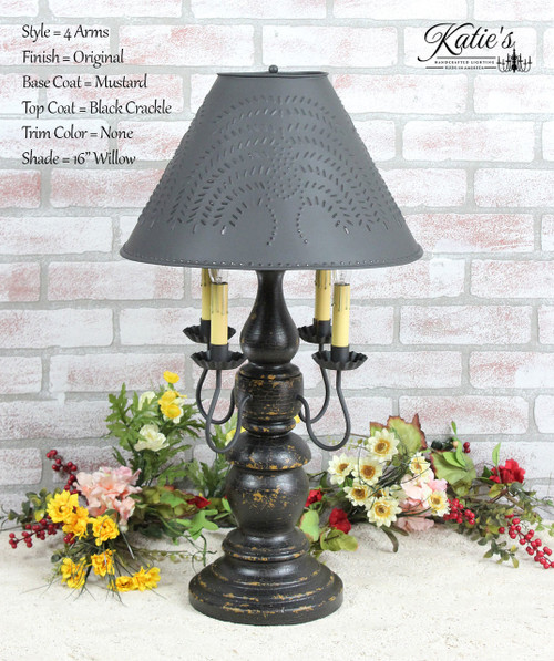 Katie's Handcrafted Lighting 4 Arm Large Liberty Lamp Pictured In Original Finish: Base Coat Color = Mustard, Top Coat Color = Black Crackle, Trim Color = None, Shade = 16" Willow Shade In Aged Black