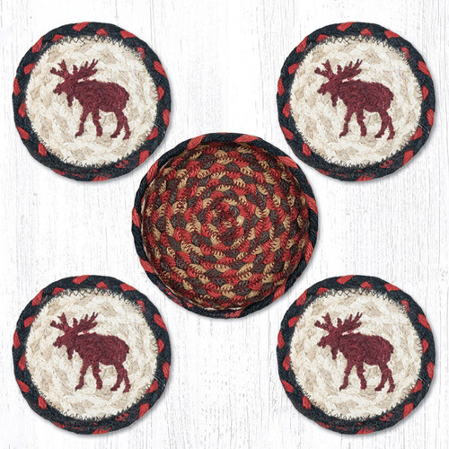 Earth Rugsâ„¢ braided coasters In a basket set: Moose - CNB-019