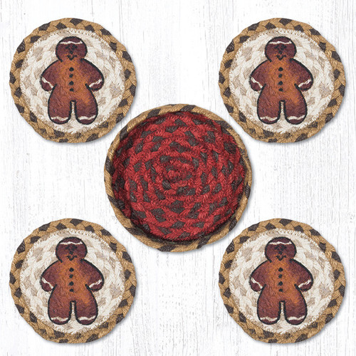 Earth Rugsâ„¢ braided coasters In a basket set: Gingerbread Man - CNB-111