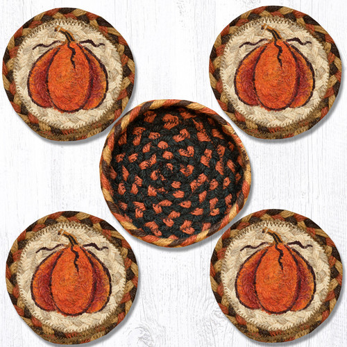 Earth Rugsâ„¢ braided coasters In a basket set: Harvest Pumpkins - CNB-222