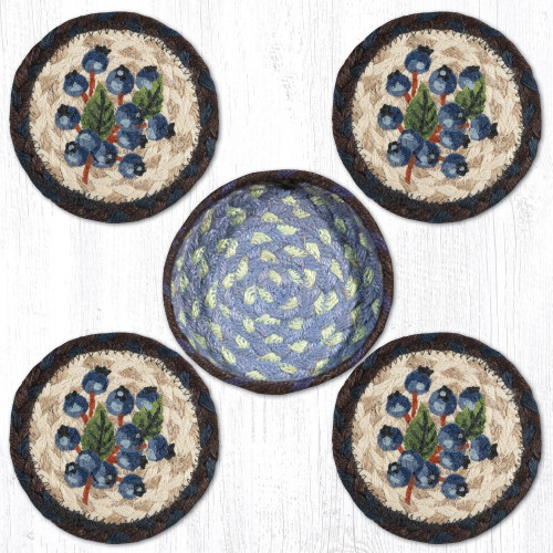 Earth Rugs braided coasters In a basket set: Blueberry - CNB-312