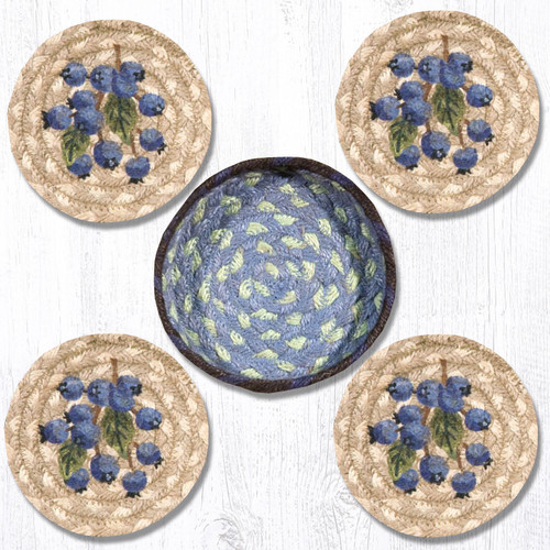 Earth Rugs™ braided coasters In a basket set: Blueberry - CNB-312