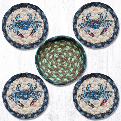 Earth Rugs™ braided coasters In a basket set: Blue Crab - CNB-359