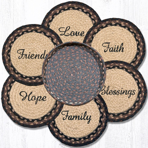 Earth Rugsâ„¢ Braided Jute 10" Round Trivets In Basket Set: Blessings, Faith, Hope, Love, Family, Friends