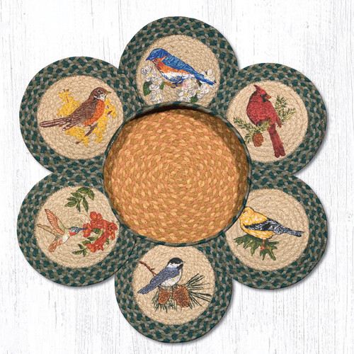 Earth Rugsâ„¢ Braided Jute 10" Round Trivets In Basket Set: Song Birds