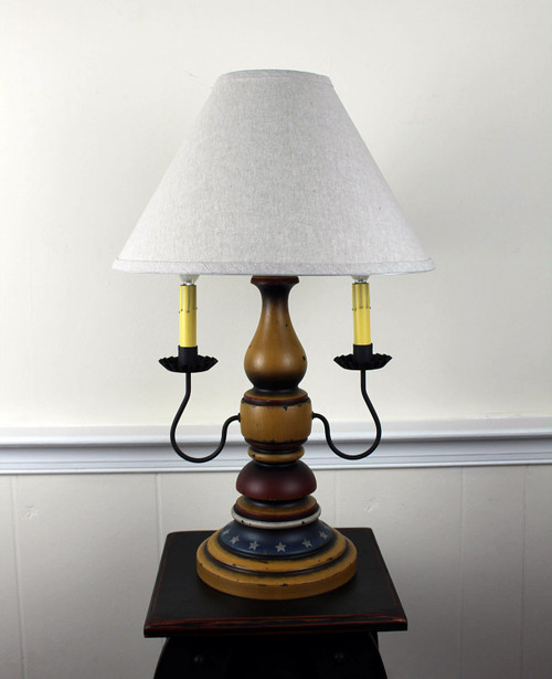 Katie's Handcrafted Lighting Liberty Lamp Pictured In: Base Coat Color = Spicy Mustard, Top Coat Color = Black Rub, Trim Color = None, Pictured With 15"  Linen Shade