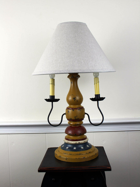 Katie's Handcrafted Lighting Liberty Lamp Pictured In: Base Coat Color = Black, Top Coat Color = Mustard Crackle, Trim Color = None, Pictured With 15"  Linen Shade