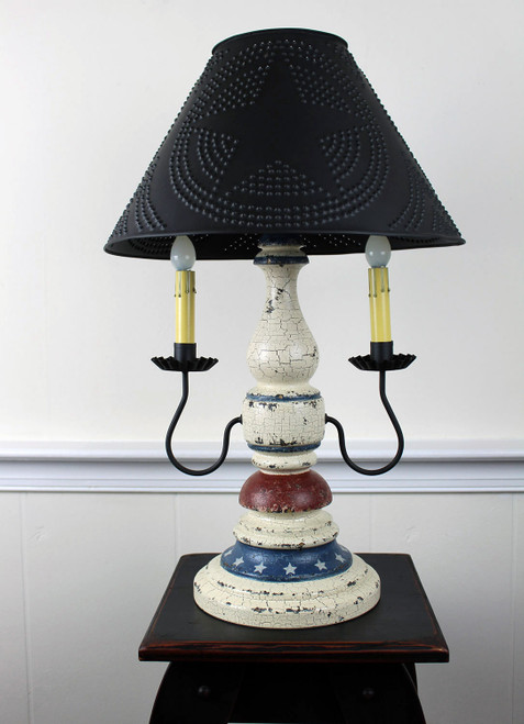 Katie's Handcrafted Lighting Liberty Lamp Pictured In: Base Coat Color = Black, Top Coat Color = White Crackle, Trim Color = None, Pictured With 15"  Star Shade In Aged Black