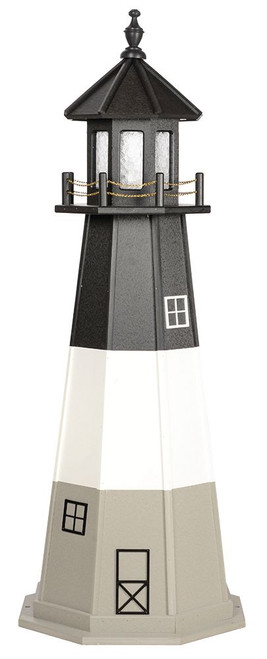 Amish Made Poly Outdoor Lighthouse - Oak Island - Shown As: 5 Foot, Standard Electric Lighting, Roof/Top Color Black, Upper Tower Color Black, Tower Middle Stripe Color: White, Lower Tower Color Gray, Optional Base Primary Color None, Optional Base Trim Color None, No Base/Tower Interior Lighting