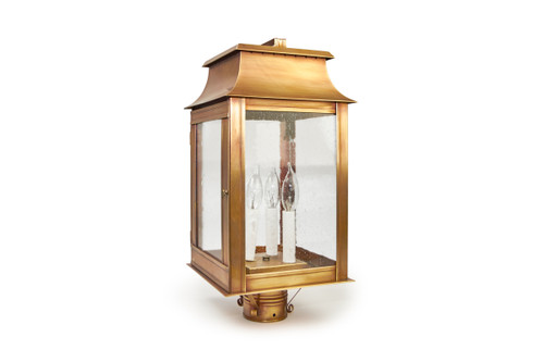 Pogoda Brass Outdoor Post Lantern By Northeast Lantern - Finished in Antique Brass With Clear Seedy Glass