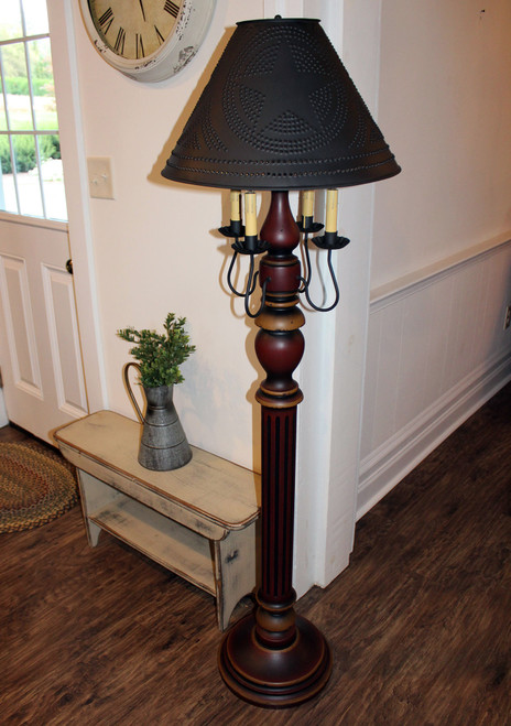 Katie's Handcrafted Lighting 2 Arm Large Liberty Lamp Pictured In Original Finish: Base Coat Color = Barn Red, Top Coat Color = Black Rub, Trim Color = Spicy Mustard, Shade = 17" Star Shade In Aged Black
