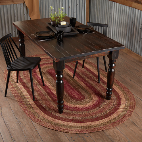 VHC Brands Oval Jute Braided Rug Cider Mill in dining room setting.