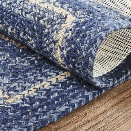 VHC Brands Great Falls rectangle jute braided rug in blue & cream. Close up view.